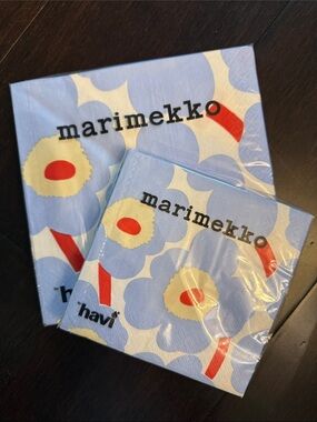 Marimekko Blue Unikko Paper Napkins with Red and Cream Accents